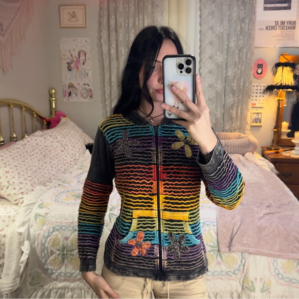 Y2K Boho Colorful Striped Hoodie with Floral Accents